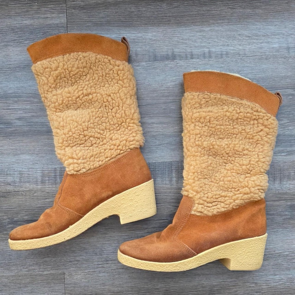 Vintage 70s Quoddy Moccasins Shearling Lined Suede Boots Tan 6